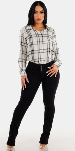 Mid Rise Black Levantacola Bootcut Jeans with Long Sleeve White Plaid Shirt
