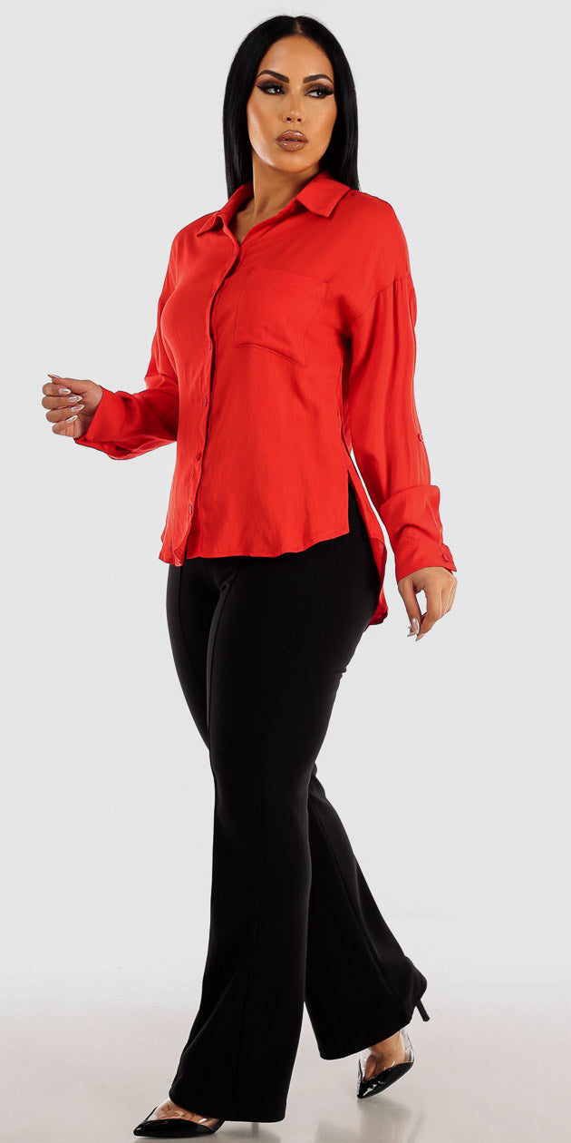 Black High Rise Dressy Flared Pants with Red Long Sleeve Collared Blouse