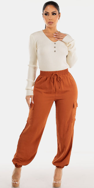 High Rise Camel Cargo Jogger Pants with Cream Long Sleeve V-Neck Rib Knit Sweater