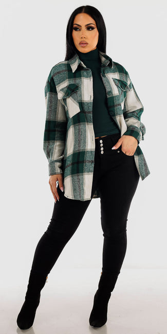 Black Butt Lifting Skinny Jeans Dark Green Ruched Sides Turtleneck Top and Green Button Down Plaid Shacket