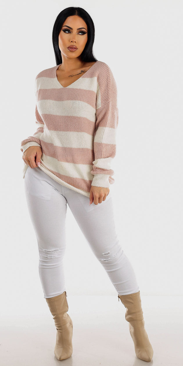 White Ripped Butt Lifting Skinny Jeans with Rose Long Sleeve Stripe Knitted Sweater