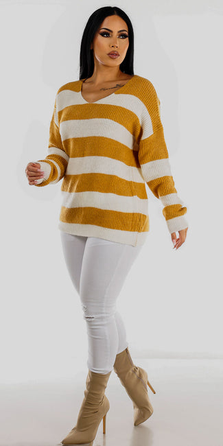Distressed White Butt Lift Skinny Jeans with Khaki Long Sleeve Stripe Knitted Sweater