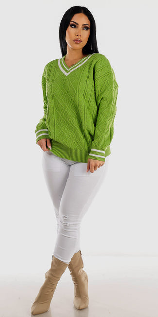 White Levantacola Torn Skinny Jeans with Light Green Long Sleeve Cable Knit Sweater
