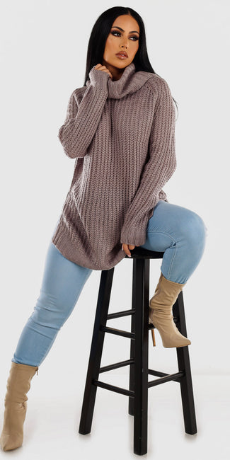 Light Blue Butt Lifting Moda Xpress Skinny Jeans with Purple Turtleneck Knitted Tunic Sweater