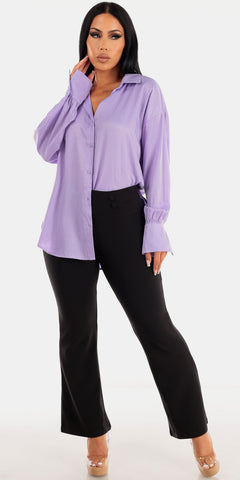 Black High Waist Flared Dress Pants with Lavender Long Sleeve Button Up Satin Shirt
