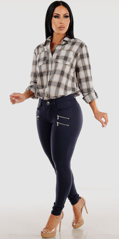 Mid Rise Navy Skinny Pants with Ivory Long Sleeve Button Up Plaid Shirt