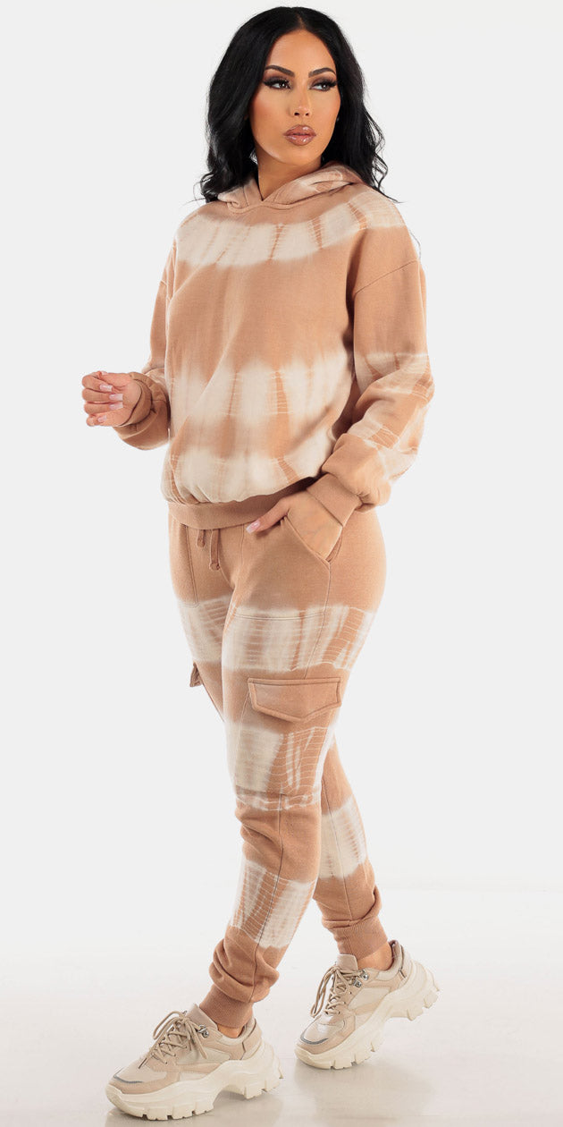 High Rise Taupe Tie Dye Jogger Pants with Taupe Long Sleeve Tie Dye Sweatshirt