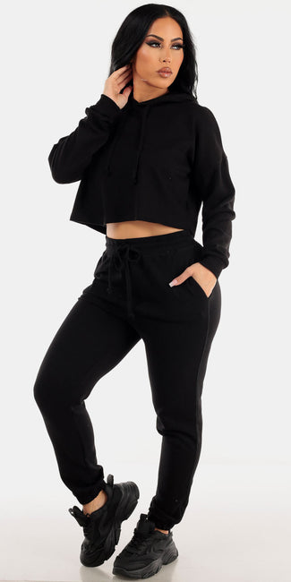 Black High Rise Jogger Pants with Black Long Sleeve Fleece Cropped Hoodie
