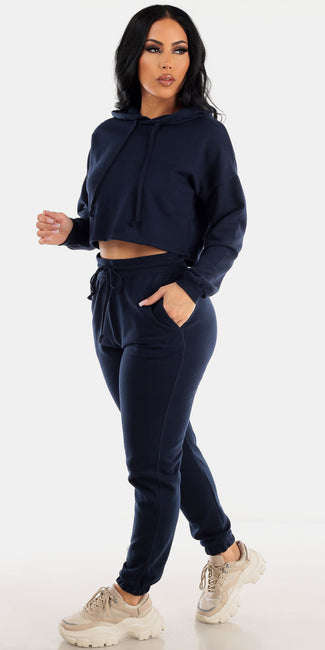 Navy High Rise Jogger Pants with Navy Long Sleeve Fleece Cropped Hoodie