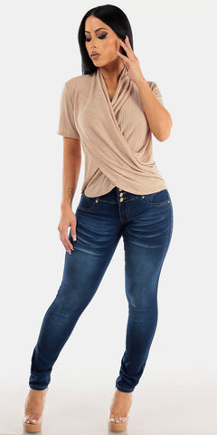 Dark Blue Butt Lifting Mid Rise Skinny Jeans with Surplice Short Sleeve Taupe Top