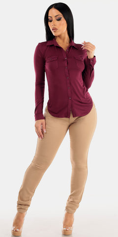 Mid Rise Khaki Butt Lifting Skinny Jeans with Wine Long Sleeve Button Up Shirt