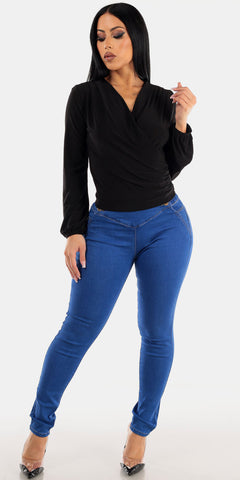 Spandex Waist Butt Lifting Indigo Skinny Jeans with Black Long Cuffed Sleeves Surplice Blouse