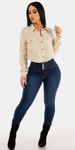 Dark Wash High Rise Levantacola Skinny Jeans with Button Down Long Sleeve Beige Shirt