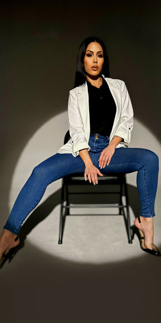 Blue Butt Lifting Skinny Jeans Long Sleeve Black Button Up Blouse and Ivory Long Sleeve Relax Fit Blazer