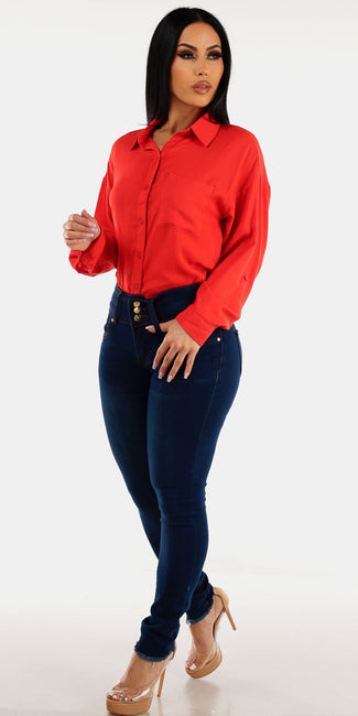 Dark Blue Butt Lifting Skinny Jeans with Red Long Sleeve Button Down Shirt