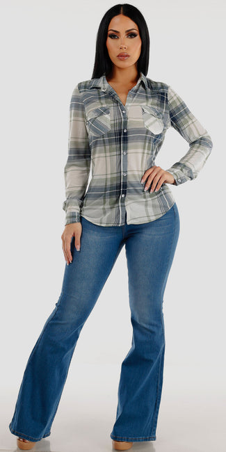 Med Wash Butt Lifting Flared Bootcut Jeans with Sage Long Sleeve Snap Button Plaid Shirt