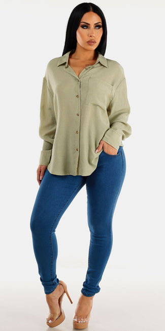 Super High Waisted Butt Lifting Indigo Skinny Jeans with Light Olive Button Down Long Sleeve Shirt