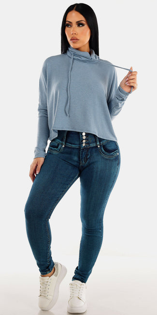 High Rise Butt Lifting Sand Wash Skinny Jeans with Blue Long Sleeve Cropped Pullover