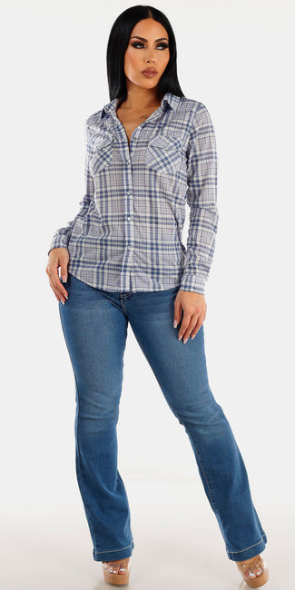 Indigo High Rise Butt Lifting Skinny Jeans with Blue Long Sleeve Snap Button Plaid Shirt