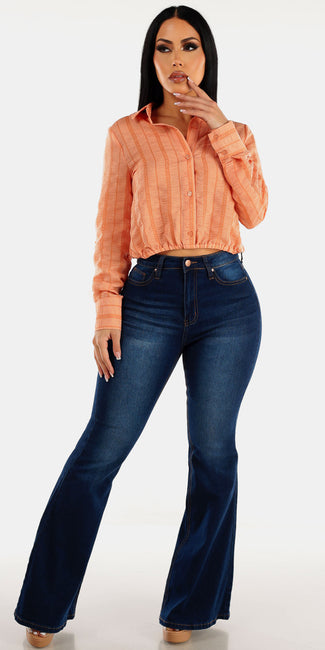 Dark Wash Butt Lifting Flared Bootcut Jeans with Orange Long Sleeve Button Up Collared Blouse