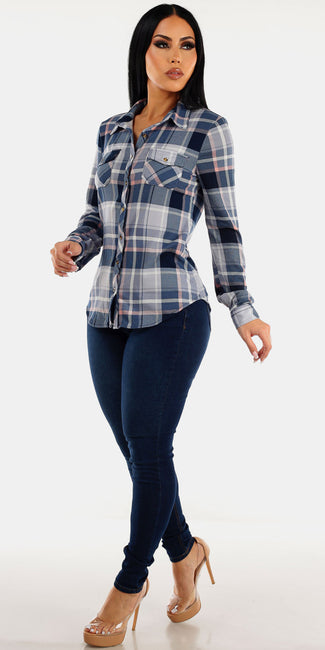 Dark Blue Butt Lifting Skinny Jeans with Blue Button Up Long Sleeve Plaid Shirt