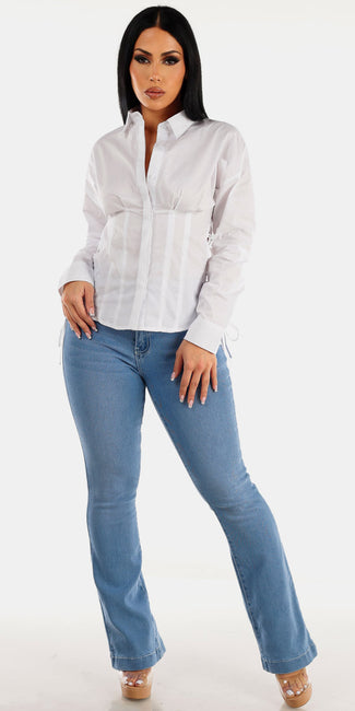 Levantacola High Rise Light Blue Bootcut Jeans with White Long Sleeve Lace Up Sides Shirt