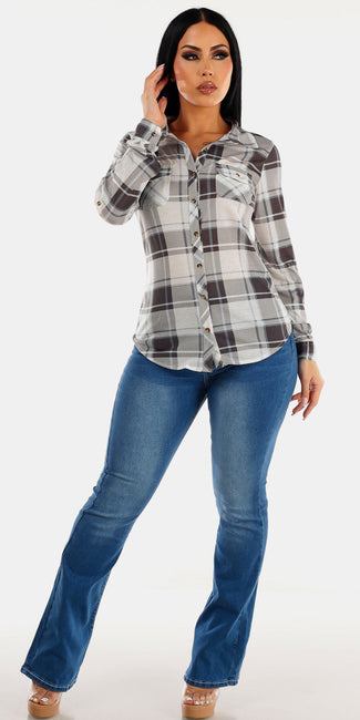 Med Wash High Rise Levantacola Bootcut Jeans with Long Sleeve Button Up Plaid Shirt