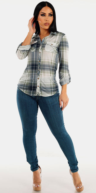 High Waisted Butt Lifting Sand Wash Skinny Jeans with Sage Button Up Long Sleeve Plaid Shirt