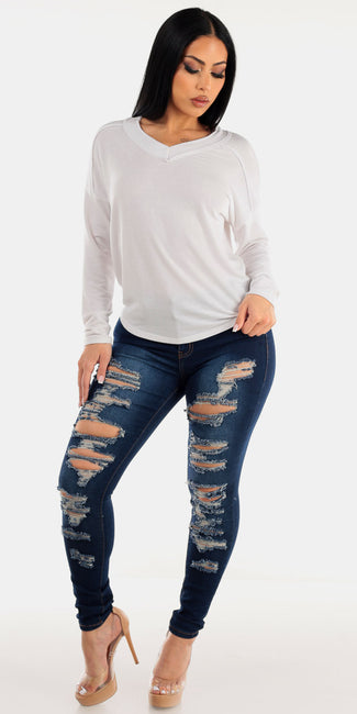White Terry Ripped Denim Outfit