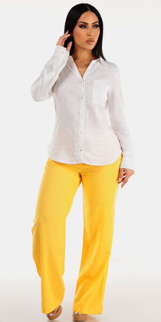 White Linen Yellow Pants Outfit