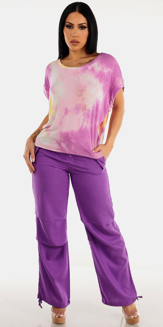 Tie Dye Purple Pleated Linen Set