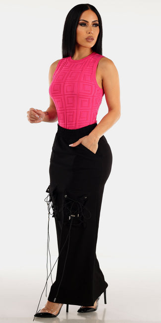 Textured Pink Lace Up Maxi Outfit