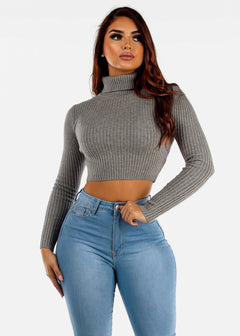 Turtleneck Long Sleeve Crop Sweater Grey